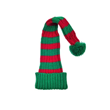 Hosszú kötött Mikulás sapka piros-zöld csíkos mintával