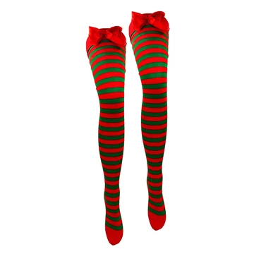 Karácsonyi combfix harisnya – piros-zöld csíkos, masnis díszítéssel