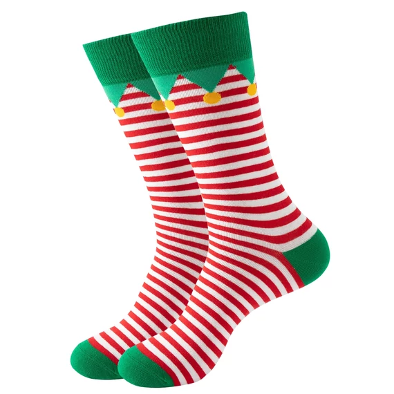 Karácsonyi manós csíkos zokni – piros-fehér, zöld díszítéssel 